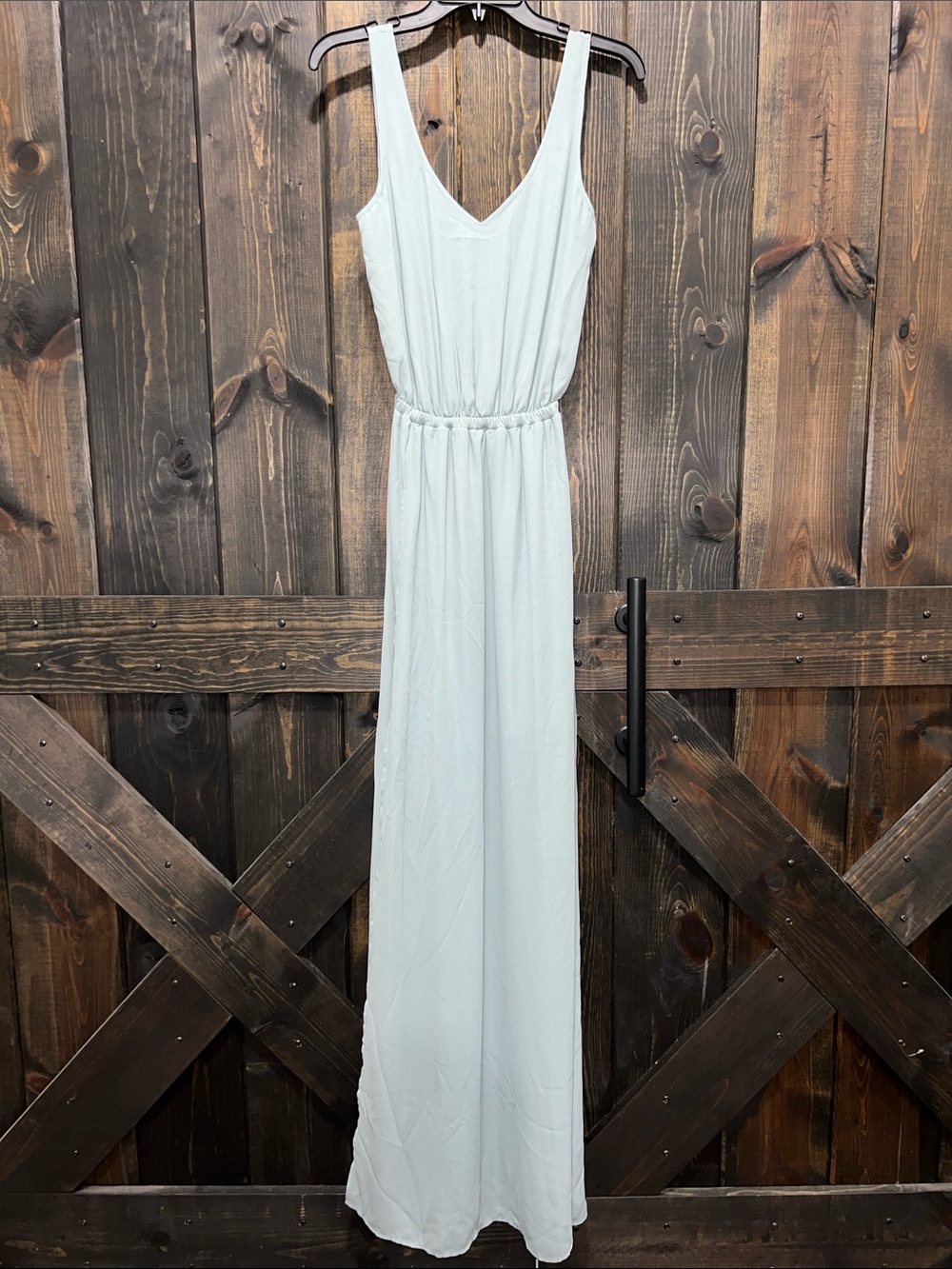 Mumu Kendall Maxi Gown XS Silver Sage Crisp Floor Length Formal Bridesmaid EUC